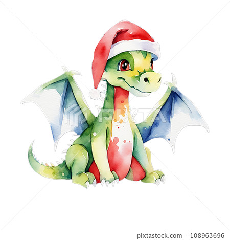 A cute dragon is a symbol of 2024 in a red riding hood. Watercolor illustration A cute dragon is a symbol of 2024 in a red riding hood. Watercolor illustration 108963696