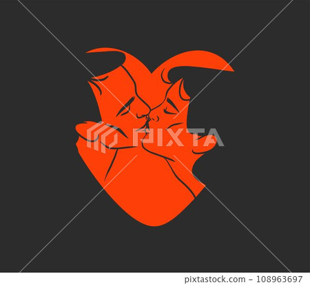 Hand drawn vector abstract graphic illustration Valentines day cards template, drawing kissing couple portrait set in heart silhouette.Love couple kissing together.Valentines beautiful design concept. 108963697