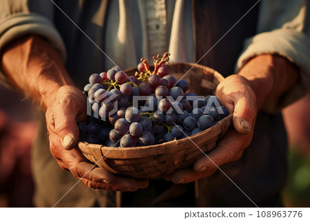 detailed image of a farmer's hands showing a bunch of ripe grapes 108963776