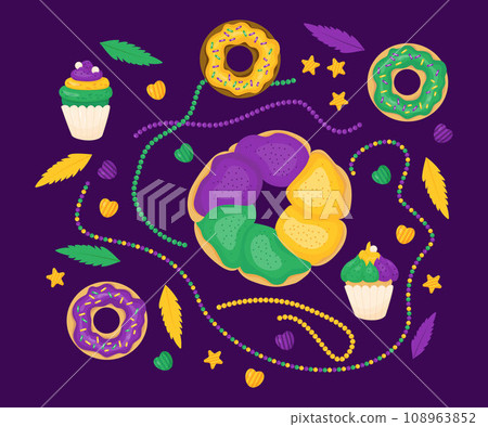 King Cake. Festive baked, sweets cupcakes and donuts with colorful icing, beads, necklaces and feathers. Mardi Gras carnival. Holiday Fat Tuesday. Isolated Vector illustrations in cartoon style. 108963852