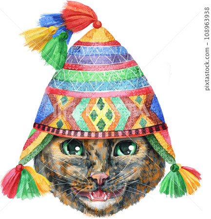 Lovely closeup portrait in pastel colors of Short-haired tortoiseshell cat in Peruvian National Chulo hat. Hand drawn watercolor painting on white background Lovely closeup portrait in pastel colors of Short-haired tortoiseshell cat in Peruvian National Chulo hat. Hand drawn watercolor painting on white background 108963938