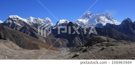 Mount Everest and other high mountains seen from below Renjo Pass, Nepal. 108963984