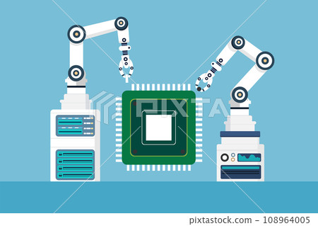 Automatic robot arm produces processor,microchip,chipset,Industrial Ai robot manipulators,Application of artificial intelligence in controlling production lines,flat vector illustration. Automatic robot arm produces processor,microchip,chipset,Industrial Ai robot manipulators,Application of artificial intelligence in controlling production lines,flat vector illustration. 108964005