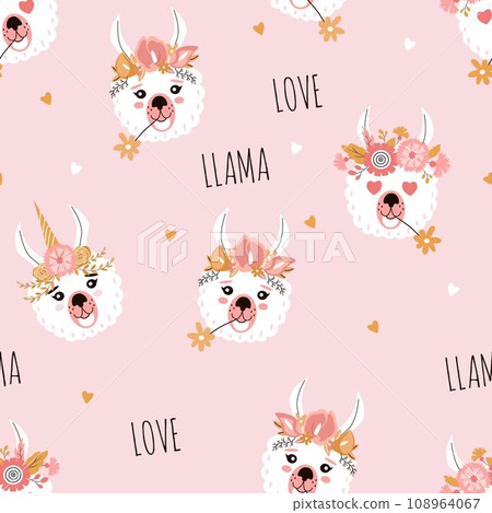 Llamas in flower crowns and text seamless pattern. Creative childrens texture. Great for fabric, textile vector illustration 108964067