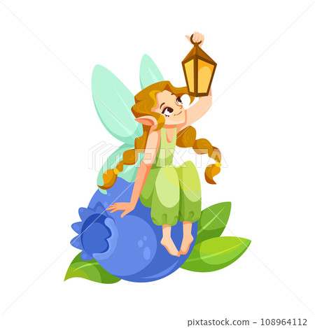 Elf and Fairy Girl Character with Wings Sit on Berry with Lantern Vector Illustration 108964112