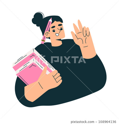 Education with Woman Character with Books Show V sign Gesture Learning and Study Vector Illustration 108964136