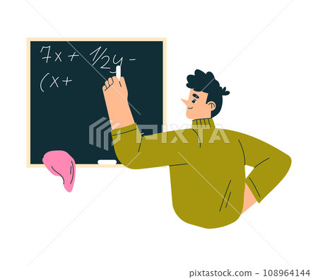 Education with Man Character Write Math Sum on Chalkboard Learning and Study Vector Illustration 108964144