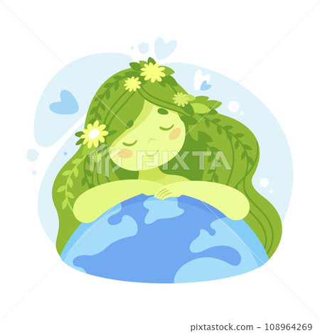 Ecology with Girl Character Embrace Earth Globe Enjoy Sustainable Lifestyle Vector Illustration 108964269