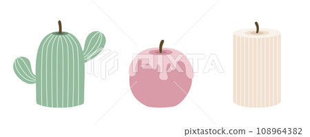 Trendy cozy aroma candles set in pastel colors. Round candle, cactus-shaped candle, fluted candle. Home decor. Vector illustration in flat cartoon style. Trendy cozy aroma candles set in pastel colors. Round candle, cactus-shaped candle, fluted candle. Home decor. Vector illustration in flat cartoon style. 108964382
