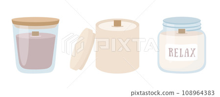 Trendy cozy candles set in pastel colors. Candles with wooden wick, vector illustration in flat cartoon style. Home decor. Trendy cozy candles set in pastel colors. Candles with wooden wick, vector illustration in flat cartoon style. Home decor. 108964383