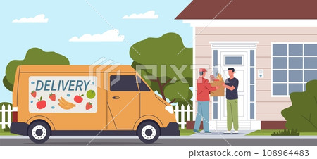 Food delivery scene. Courier in overalls passes groceries package to man, truck with products, service to doorstep. Deliveryman and customer with paper bags cartoon flat nowaday vector concept 108964483