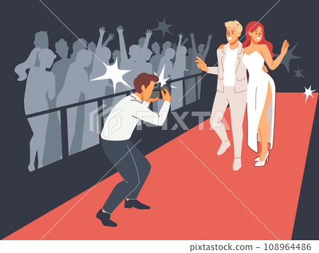 Elegant couple on red carpet. Famous people event, hollywood actors under camera flashes, award ceremony, celebrity posing. Happy celebrities and fans cartoon flat style vector concept 108964486