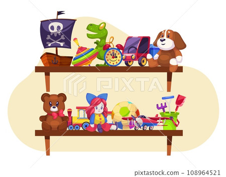 Childrens toys on shelves in room. Pirate ship, doll and cars. Dino and plush animals. Ball and plane. Funny clock and train. Baby nursery and kindergarten. Cartoon flat isolated vector concept 108964521