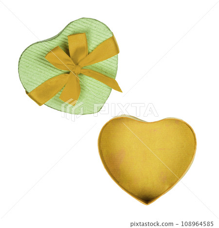 Open yellow and green heart shaped gift box with yellow bow Open yellow and green heart shaped gift box with yellow bow 108964585