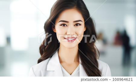Portrait of an Asian woman, doctor, against the backdrop of hospital corridor. Doctor therapist, smiles looks at camera. 108964621
