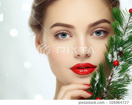 Young beautiful girl with blue eyes and green Christmas decor made from fir branches and red berries. 108964727