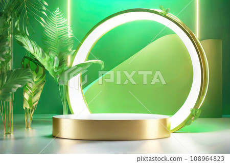 Futuristic minimal scene. 3d Empty pedestal podium in gold and green colors with green leaves. Background for demonstrating the product. 108964823