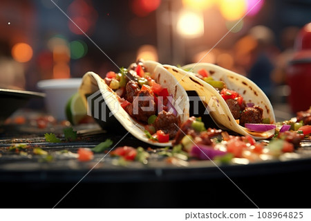 Close-up shot of a street-style taco with grilled meat, fresh salsa, and vibrant toppings 108964825