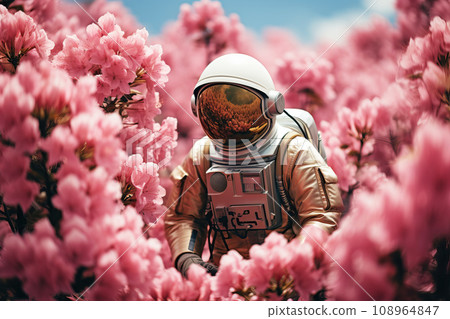 Astronaut in alpine meadows, in a field of rhododendrons Astronaut in alpine meadows, in a field of rhododendrons 108964847