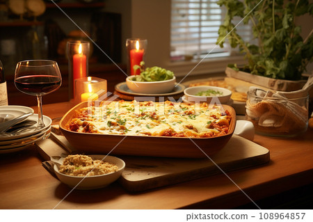 Family-style dinner table featuring a large tray of homemade lasagna 108964857