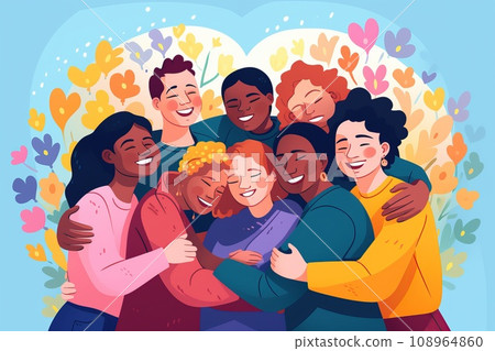 National Hugging Day. Group hug with diverse characters 108964860