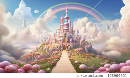 A fabulous pink castle with a path of lush flowers and cotton candy clouds 108964861