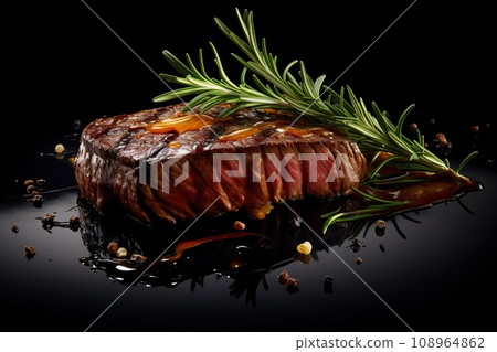 Delicious steak on black background with herbs and spices 108964862