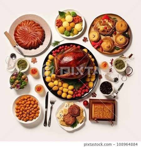 Christmas dinner isolated on white background. Roast turkey potatoes and vegetables Christmas dinner isolated on white background. Roast turkey potatoes and vegetables 108964884