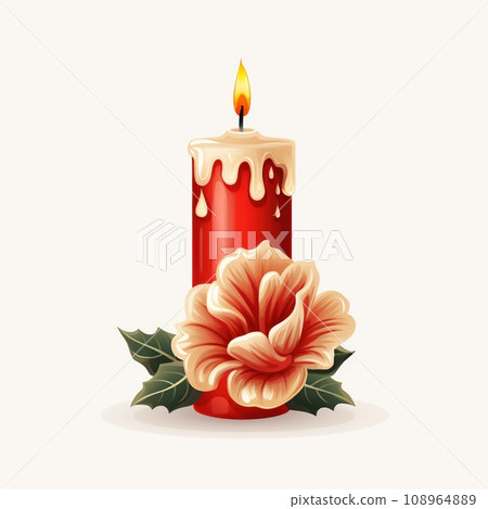 Christmas candle with brunch and donuts. Isolated on white background with shadow reflection. Xmas candle with twig and donuts. Christmas motive with spruce twig, donuts and burning candle. Christmas candle with brunch and donuts. Isolated on white background with shadow reflection. Xmas candle with twig and donuts. Christmas motive with spruce twig, donuts and burning candle. 108964889