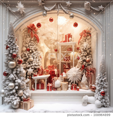 Showcase of shop with Christmas gifts, trees, toys, decorations and garlands Showcase of shop with Christmas gifts, trees, toys, decorations and garlands 108964899