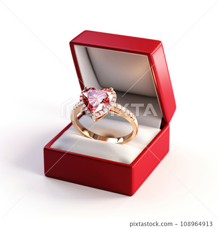 Diamond Ring in shape of heart Yellow Gold Isolated on White Background. 108964913