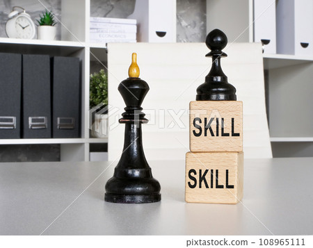 Searching for talent and evaluating employees. Chess pieces and cubes with skills sign. Searching for talent and evaluating employees. Chess pieces and cubes with skills sign. 108965111