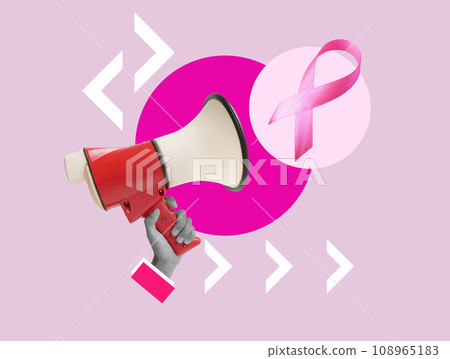 Breast cancer awareness concept. Collage with megaphone and pink ribbon. 108965183