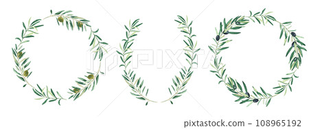 Watercolor olive wreaths. Circle and oval border frames, green and black fruits. Isolated on white background. Hand drawn botanical illustration. Can be used for cards, logos and food design. Watercolor olive wreaths. Circle and oval border frames, green and black fruits. Isolated on white background. Hand drawn botanical illustration. Can be used for cards, logos and food design. 108965192