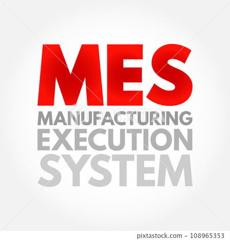 MES Manufacturing Execution System - computerized systems used in manufacturing to track and document the transformation of raw materials to finished goods, acronym text concept background 108965353