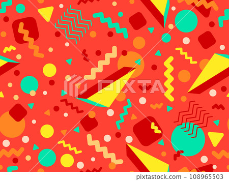 3D geometric seamless pattern in 80s style. 3d isometric triangles, zigzags and circles. Geometric memphis style. Design for promotional products, wrapping paper and printing. Vector illustration 108965503