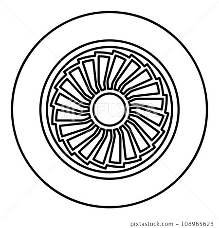 Turbine airplane turbomachine jet engine aircraft motor fan plane contour outline line icon black color vector illustration image thin flat style 108965623