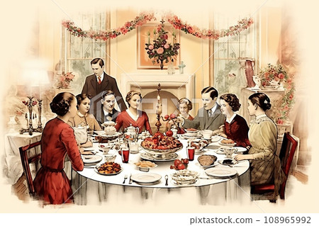 Vintage illustration of a family Christmas dinner Vintage illustration of a family Christmas dinner 108965992
