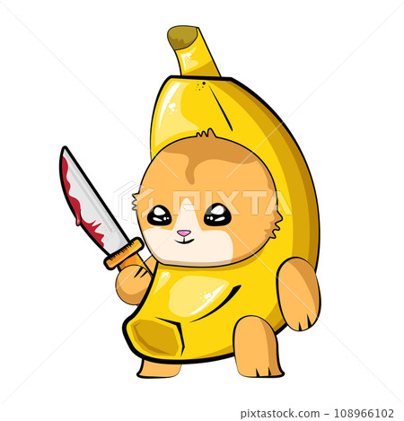 Banana Cat holding bloody knife vector isolated on white background. Funky Sad banana cat meme with knife cartoon vector sticker, label and icon for printing on t shirt. Halloween funky illustration Banana Cat holding bloody knife vector isolated on white background. Funky Sad banana cat meme with knife cartoon vector sticker, label and icon for printing on t shirt. Halloween funky illustration 108966102