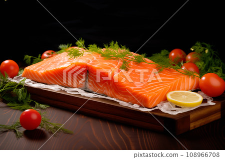 Closeup of the salted salmon slices with a red streaked texture. Macro photo of natural Atlantic Norwegian trout fillet Closeup of the salted salmon slices with a red streaked texture. Macro photo of natural Atlantic Norwegian trout fillet 108966708