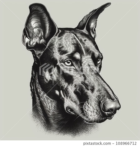 Doberman, engraving style, close-up portrait, black and white drawing, cute dog, favorite pet 108966712