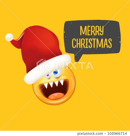 Santa Smiling Face with monster mouth and eyes isolated on orange background. Yellow monster santa smiley face character with santa hat. Merry Christmas concept illustration, sticker, print and icon 108966714