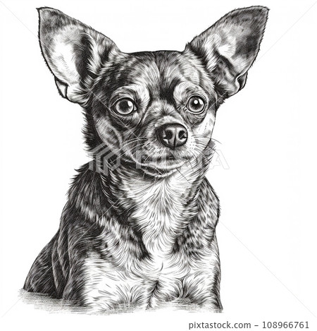 chihuahua, engraving style, close-up portrait, black and white drawing, cute dog, favorite pet 108966761