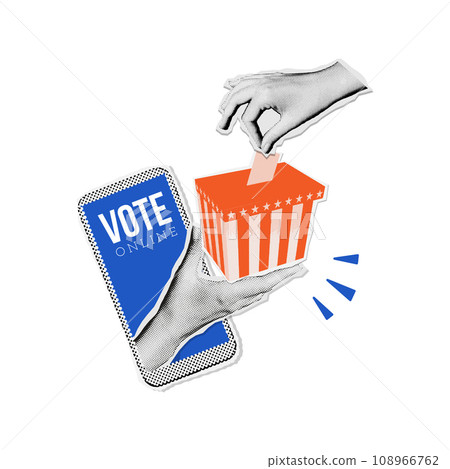 Halftone collage hand putting voting paper into ballot box that come out from phone monitor. Online voting and election concept. 90s zine style vector isolated illustration. Halftone collage hand putting voting paper into ballot box that come out from phone monitor. Online voting and election concept. 90s zine style vector isolated illustration. 108966762