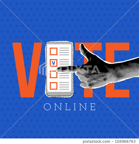 Hand touching smartphone with voting app on the screen. Typographic vote online banner template. Trendy vintage halftone collage design style illustration. Hand touching smartphone with voting app on the screen. Typographic vote online banner template. Trendy vintage halftone collage design style illustration. 108966763