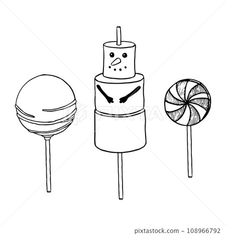 Christmas marshmallow snowman. Cake on a stick, cake pops in glaze with confectionery striped. Glossy candies on a stick, spiral lollipop, sugar caramel, striped bonbons. Graphics vector illustration Christmas marshmallow snowman. Cake on a stick, cake pops in glaze with confectionery striped. Glossy candies on a stick, spiral lollipop, sugar caramel, striped bonbons. Graphics vector illustration 108966792