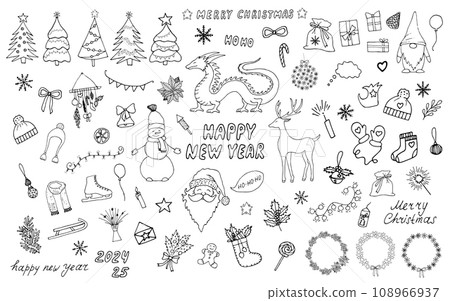Large winter collection for Christmas and New Year. Symbol of 2024 is Dragon. Winter holiday attributes Santa, snowman, gifts, Christmas trees, wreaths. Various hand drawn doodle Christmas elements 108966937