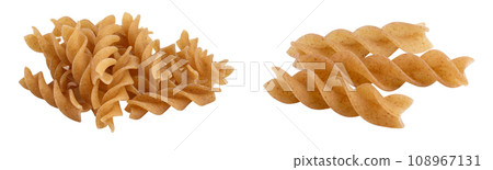 Wolegrain fusilli pasta from durum wheat isolated on white background with full depth of field. Wolegrain fusilli pasta from durum wheat isolated on white background with full depth of field. 108967131