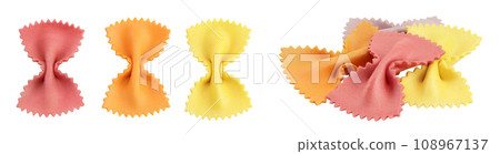 colorful farfalle pasta isolated on white background with full depth of field. Top view. Flat lay. colorful farfalle pasta isolated on white background with full depth of field. Top view. Flat lay. 108967137