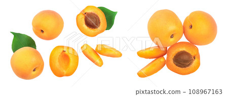 Apricot fruits with leaves isolated on white background. Top view. Flat lay pattern 108967163